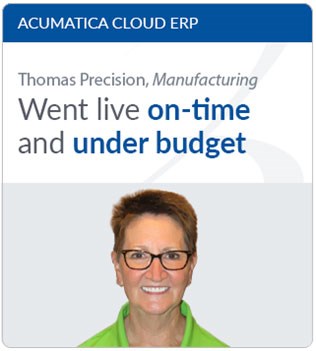 Acumatica ERP manufacturing customer testimonial image of woman in glasses smiling